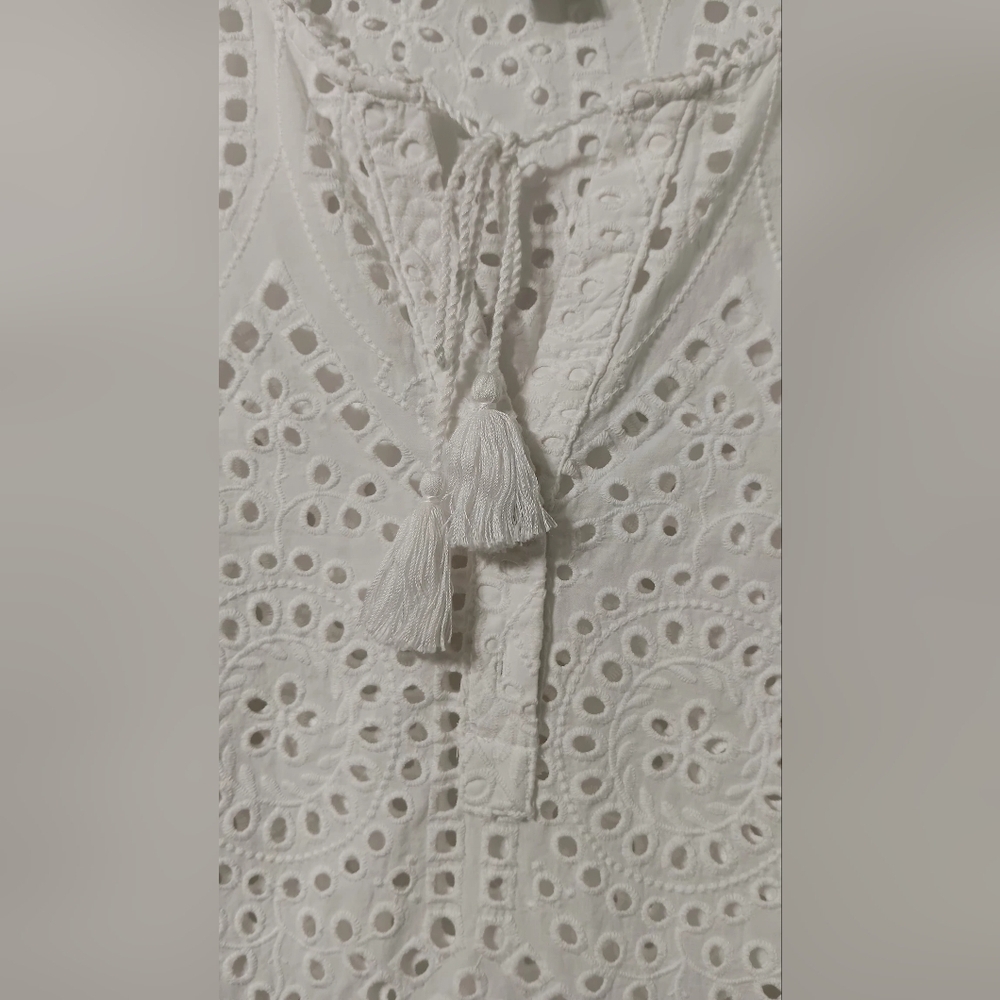 Chicos  Eyelet Tunic Top  White Tassled Cotton Cottagecore Boho Coastal SZ 16/18 - Picture 2 of 10